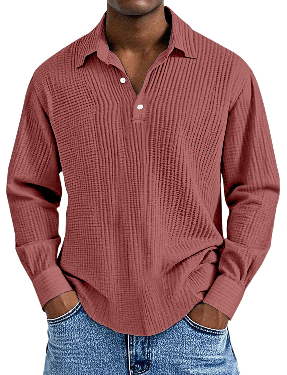 Men's Simple Solid Color Pleated Texture Long-sleeved Lapel Polo Shirt