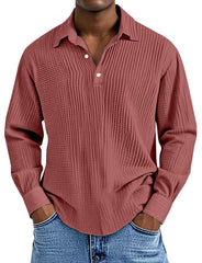 Men's Simple Solid Color Pleated Texture Long-sleeved Lapel Polo Shirt