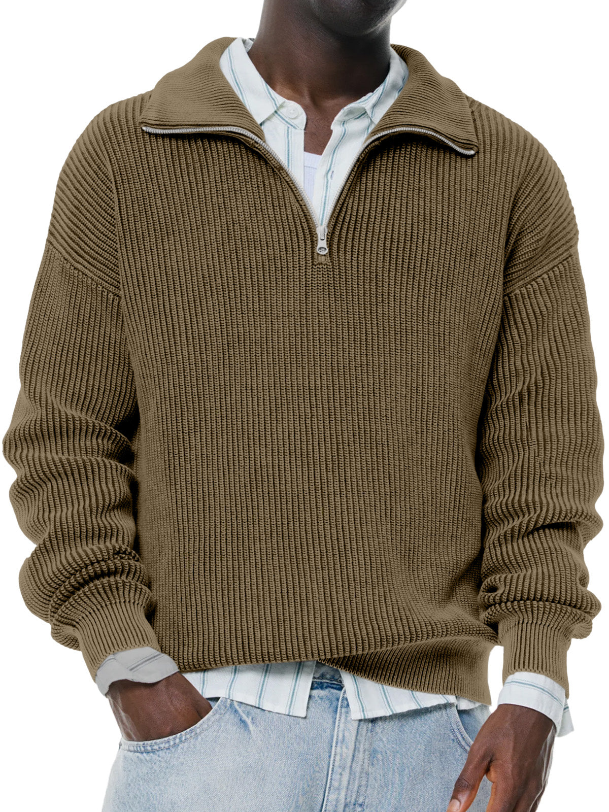 Men's Daily Casual Solid Color Knitted Stand Collar Zipper Pullover Sweater