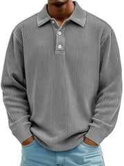 Men's Daily Casual Ribbed Lapel Button-down Loose Long-sleeved Polo Shirt