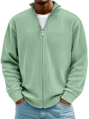 Men's Simple Ribbed Textured Stand Collar Zipper Loose Jacket