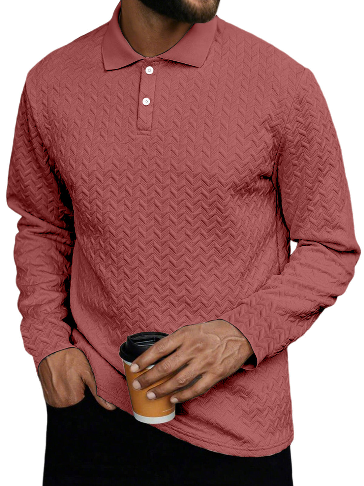 Men's Daily Casual Solid Color Textured Button Long-sleeved Polo Shirt