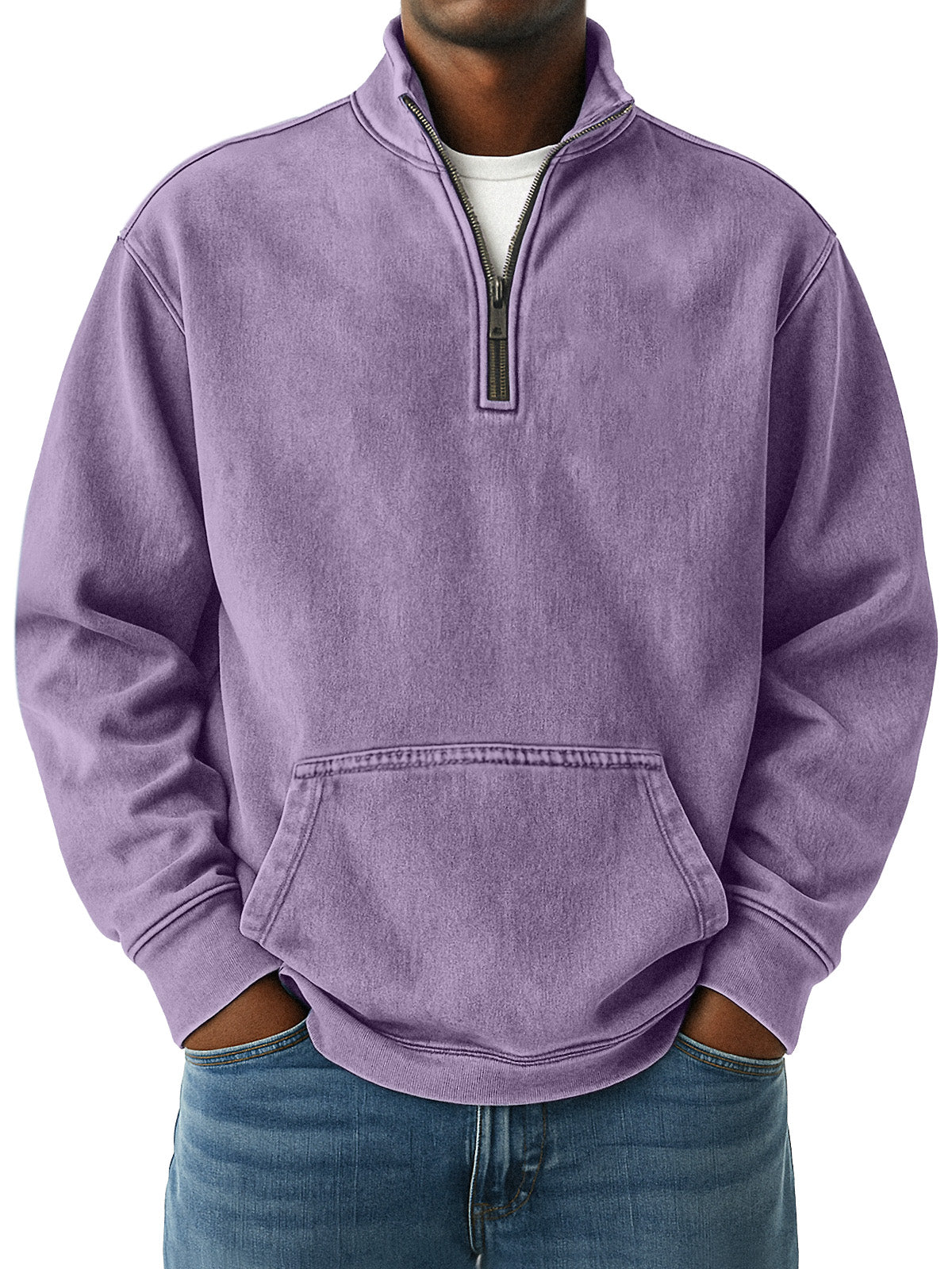 Men's Simple Retro Loose Pocket Quarter Stand Collar Zipper Sweatshirt
