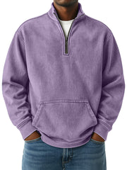 Men's Simple Retro Loose Pocket Quarter Stand Collar Zipper Sweatshirt
