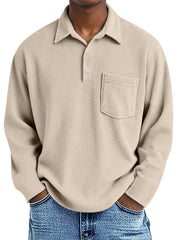 Men's Simple Solid Color Vertical Pit Long Sleeve Polo Shirt With Pocket