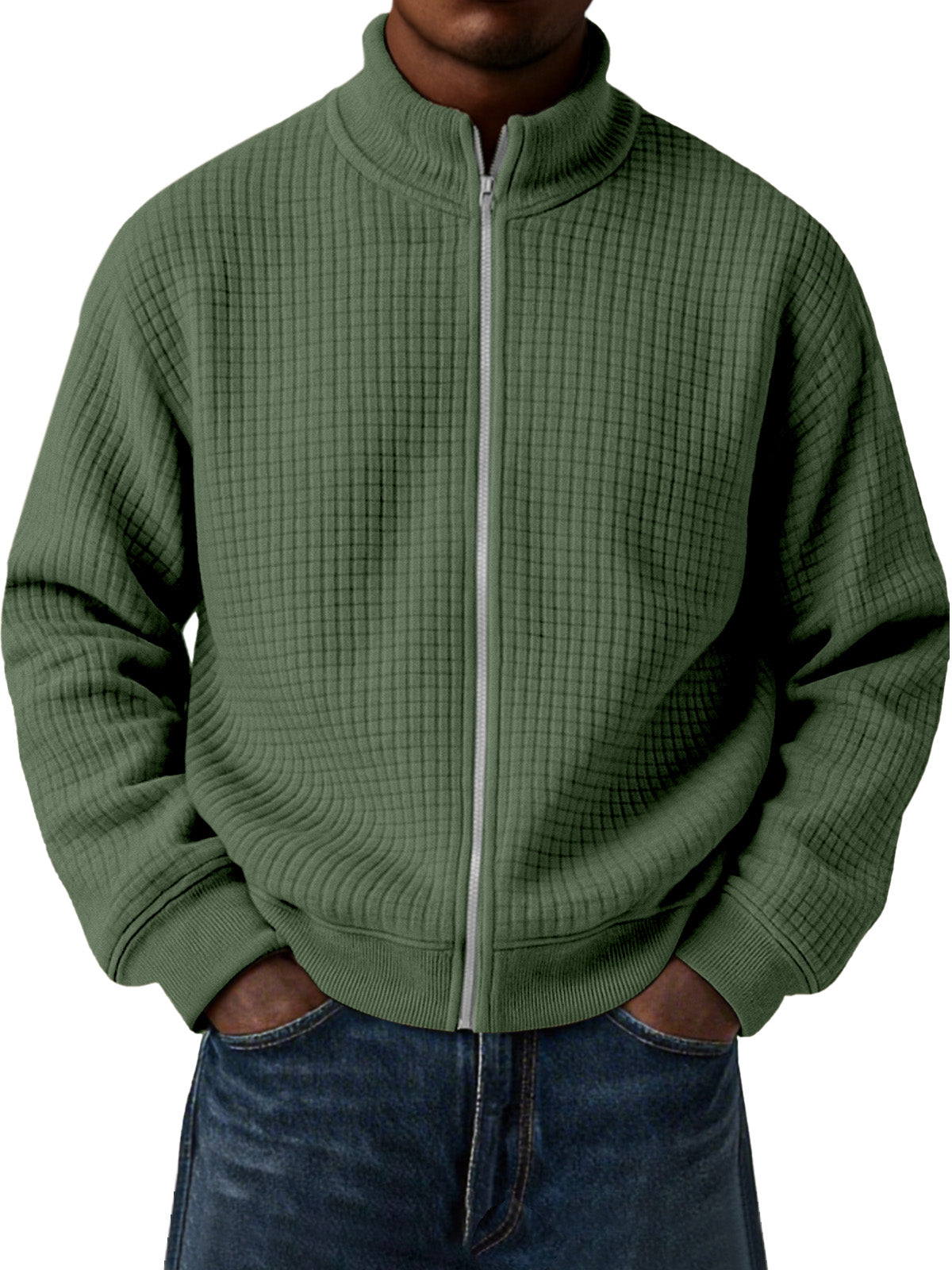 Men's Casual Small Square Jacquard Stand Collar Zipper Long Sleeve Jacket