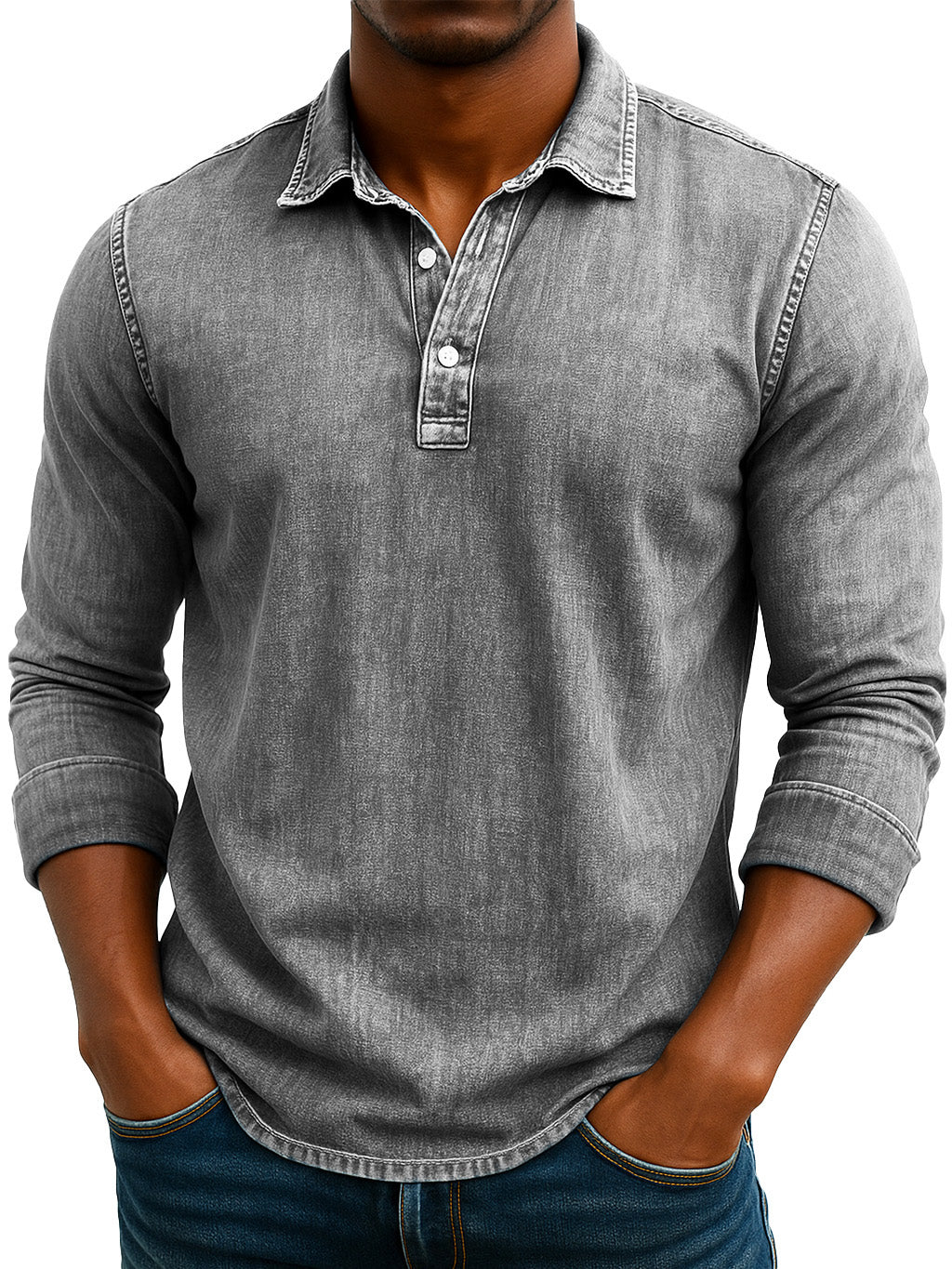 Men's Stylish Retro Washed And Distressed Lapel Long-sleeved Polo Shirt 