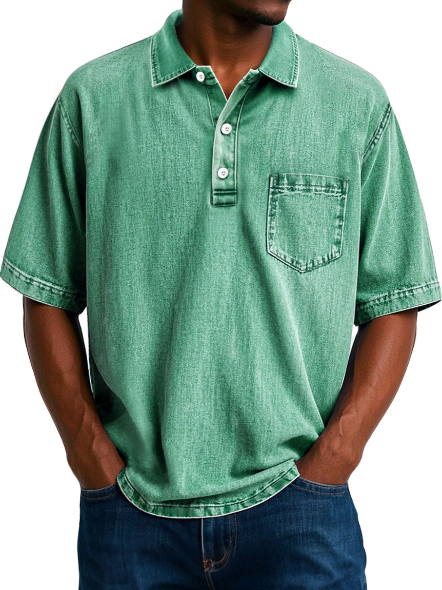 Men's Vintage 100% Cotton Washed Distressed Lapel Pocket Casual Short Sleeve POLO Shirt