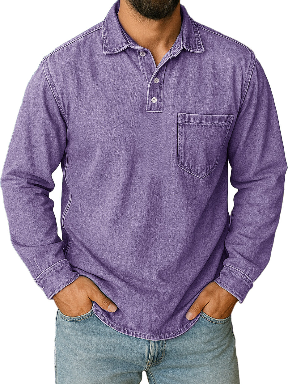 Men's Stylish Vintage Distressed Pocket Lapel Long-sleeved Polo Shirt 