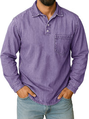 Men's Stylish Vintage Distressed Pocket Lapel Long-sleeved Polo Shirt 