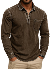 Men's Stylish Retro Outdoor Distressed Pocket Stand Collar Long-sleeved Polo Shirt