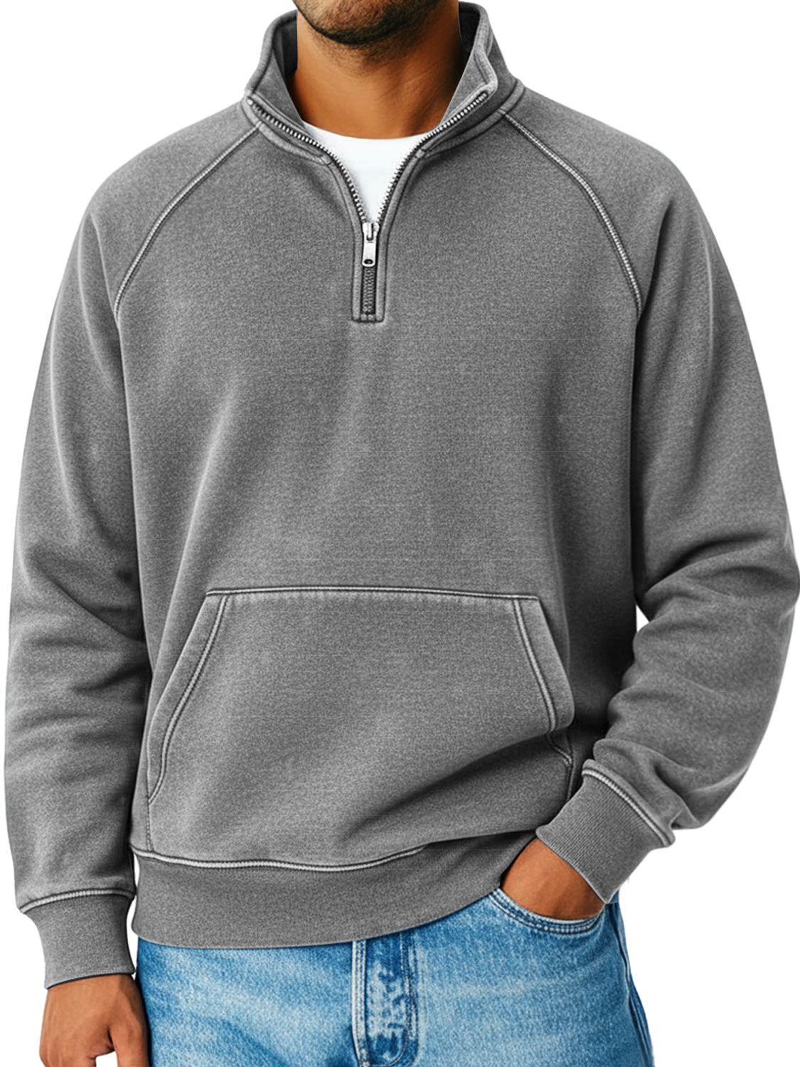 Men's Retro Raglan Sleeve Stand Collar Zipper Loose Casual Sweatshirt