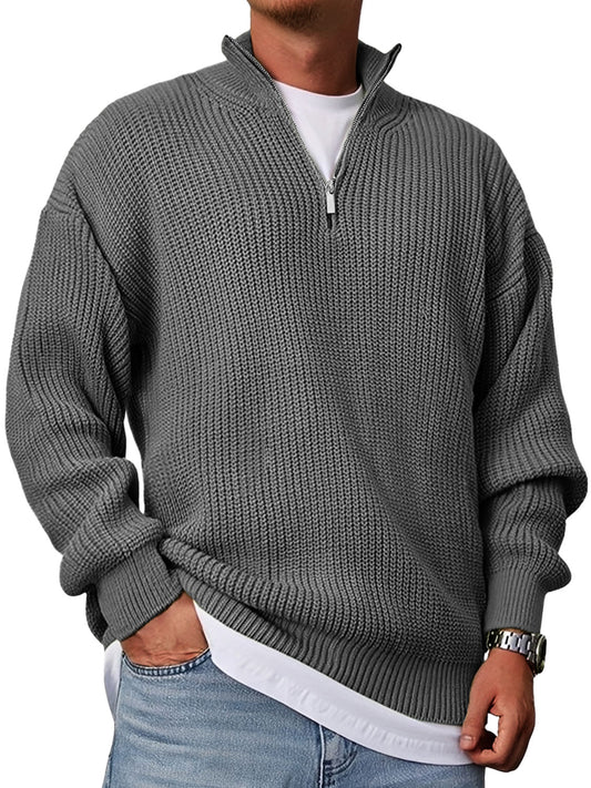 Men's Casual Fashion Loose Stand Collar Zipper Solid Color Sweater