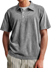 Men's Vintage Washed 100% Cotton Casual Lapel Button Short Sleeve POLO Shirt