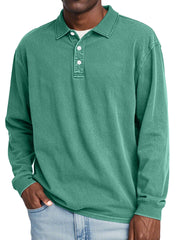 Men's Retro Lapel Button Solid Color Long Sleeve POLO Shirt