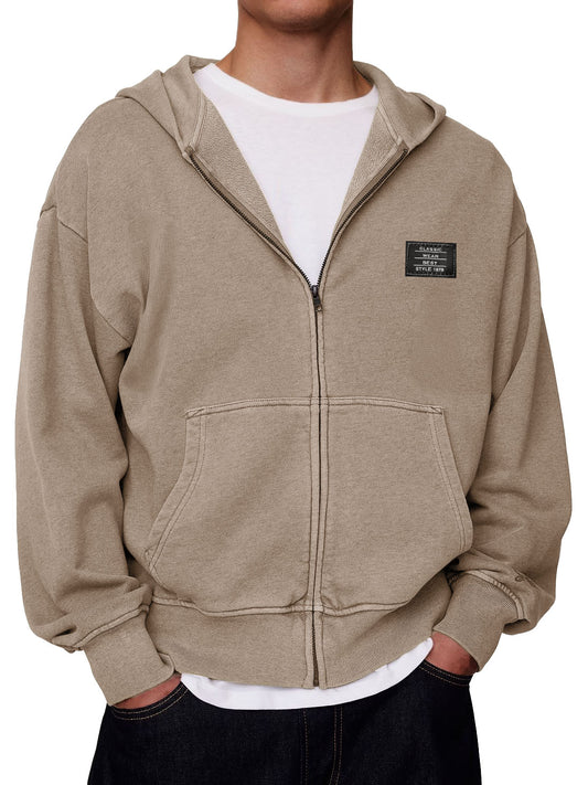 Men's Stylish Retro Outdoor Loose-fitting Embroidered Logo Pocket Long-sleeved Zip-up Hooded Sweatshirt