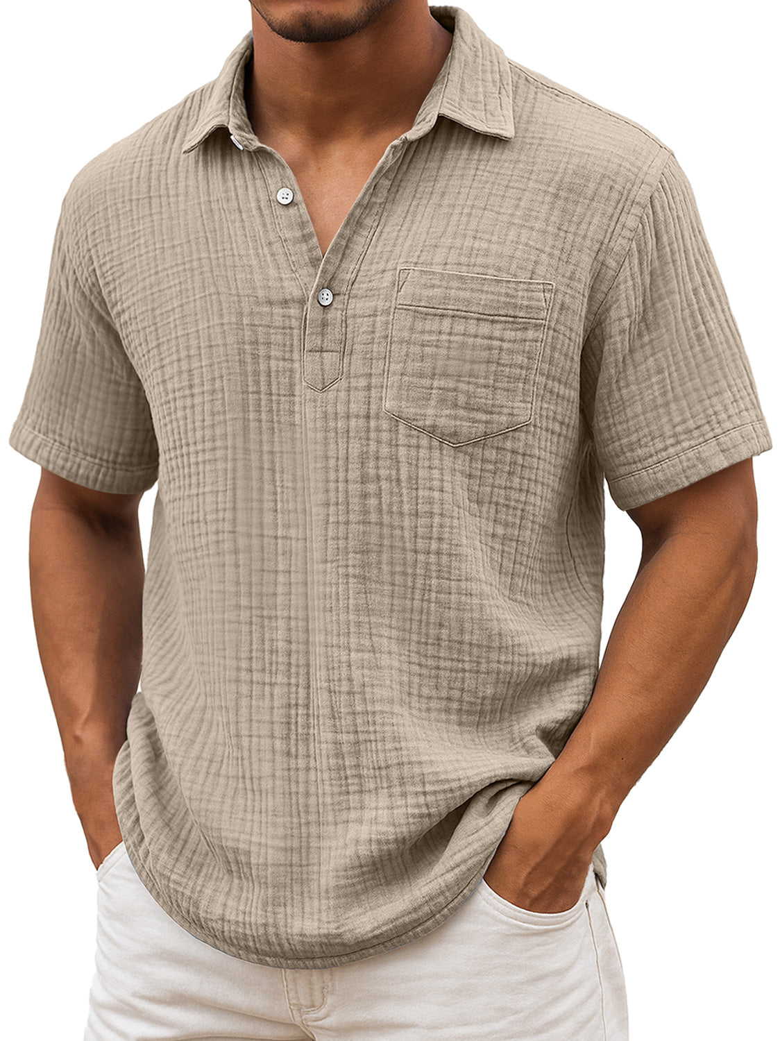 Men's Daily Pleated Texture Lapel Casual Pocket Comfortable Short Sleeve POLO Shirt