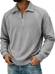 Men's Waffle Lapel Zipper Design Split Stitching Polo Shirt