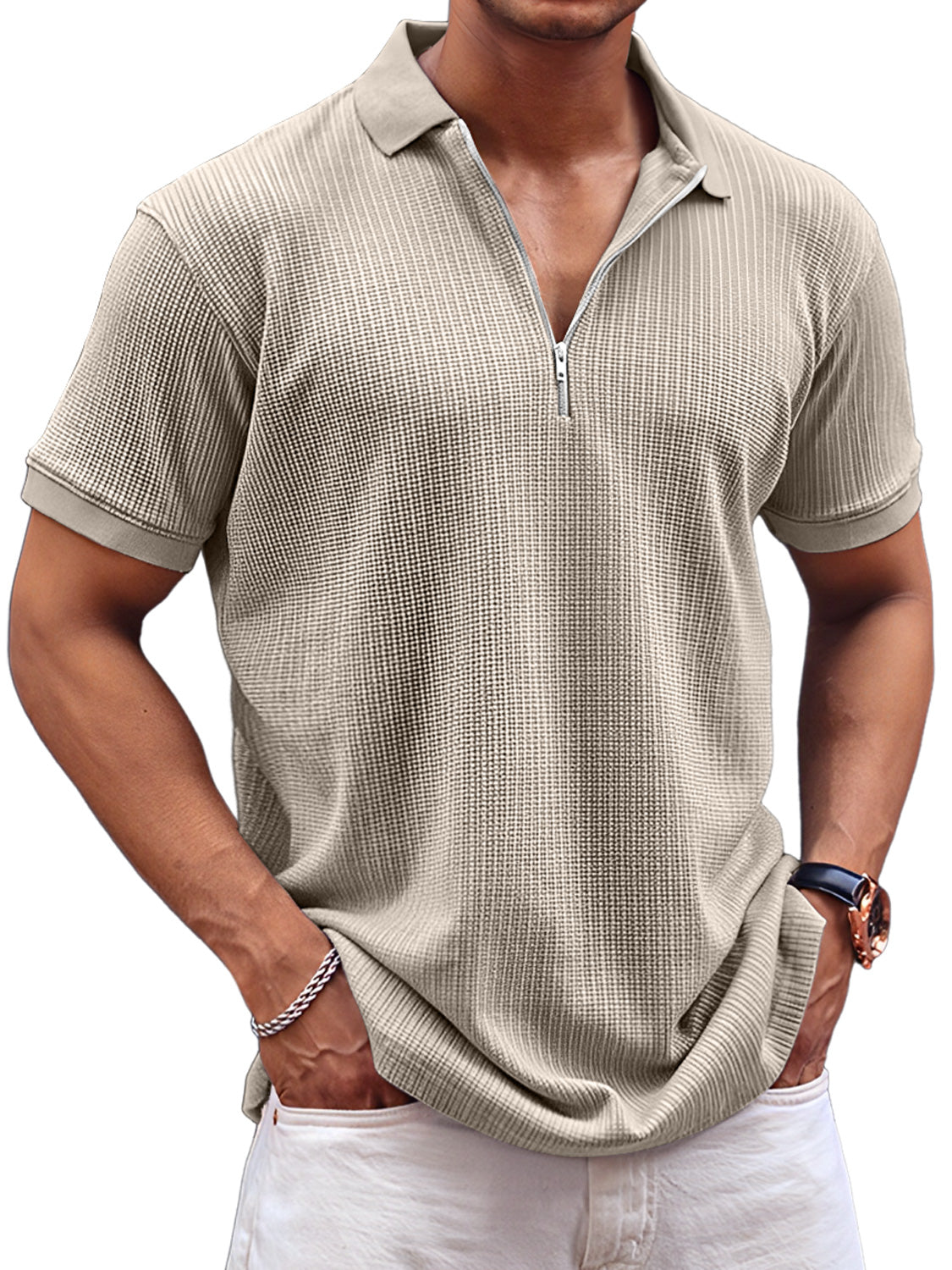 Men's Daily Waffle Casual Lapel Zipper Comfort Short Sleeve POLO Shirt