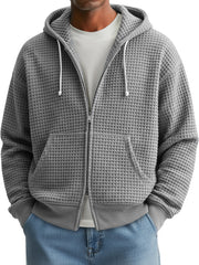 Men's Fashion Waffle Texture Casual Loose Hooded Zipper Jacket