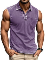Men's Fashion Daily Distressed Fabric Pocket Sleeveless Polo Shirt 