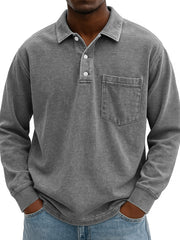 Men's Stylish Vintage Distressed Pocket Lapel Long-sleeved Polo Shirt 