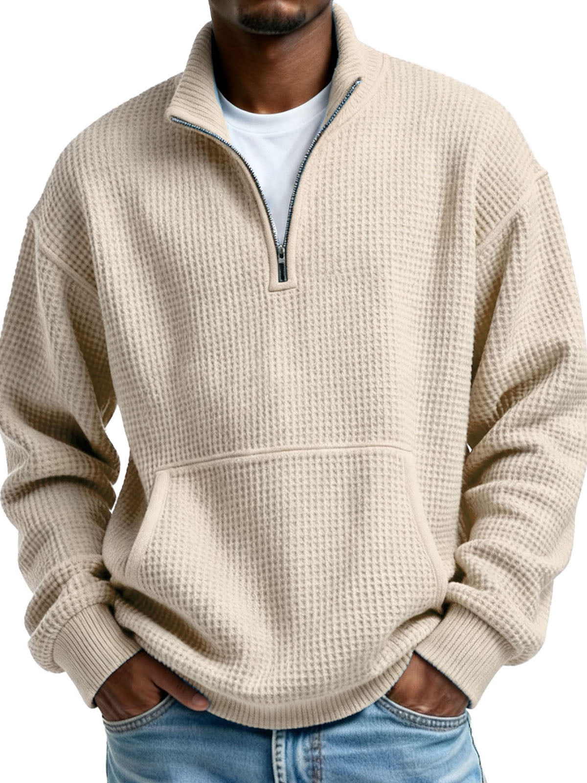 Men's Clothing Fashionable Casual Pit Strip Fabric Upright Collar Zipper Pockets Long-sleeved Hoodie