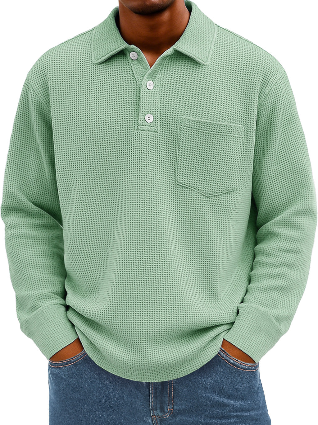 Men's Everyday Waffle Lapel Button Casual Pocket Long Sleeve Polo Shirt