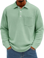 Men's Everyday Waffle Lapel Button Casual Pocket Long Sleeve Polo Shirt