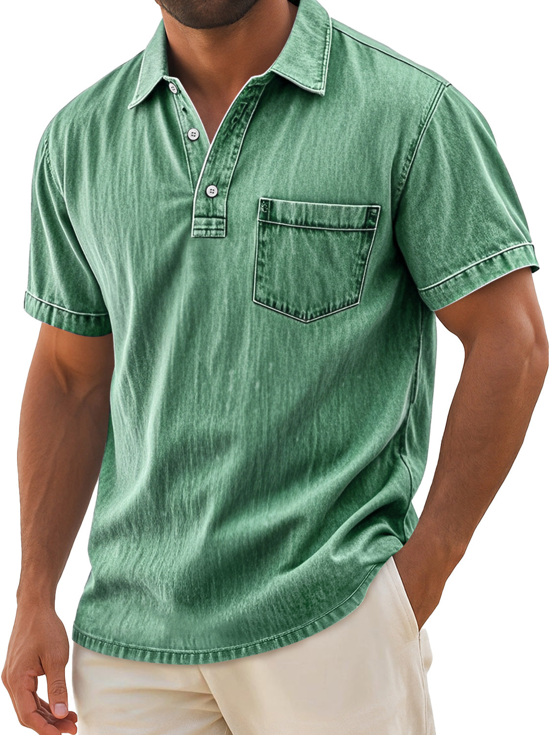 Men's Retro Casual Lapel Pocket Solid Color Short Sleeve Polo Shirt