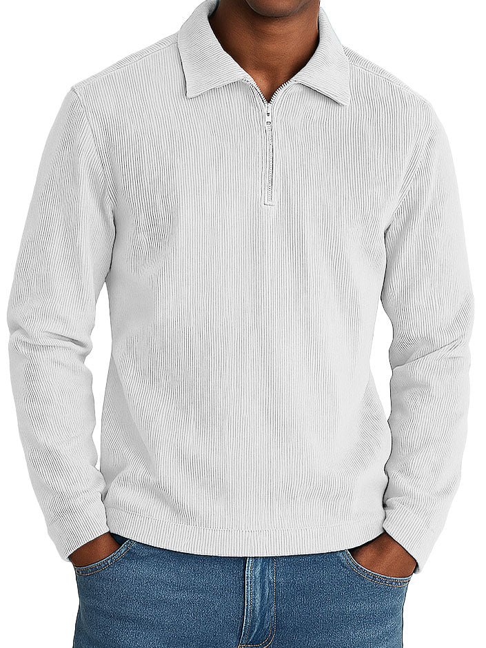 Men's Stylish Casual Retro Lapel Corduroy Ribbed Fabric Long-sleeved Zip-up Polo Shirt 