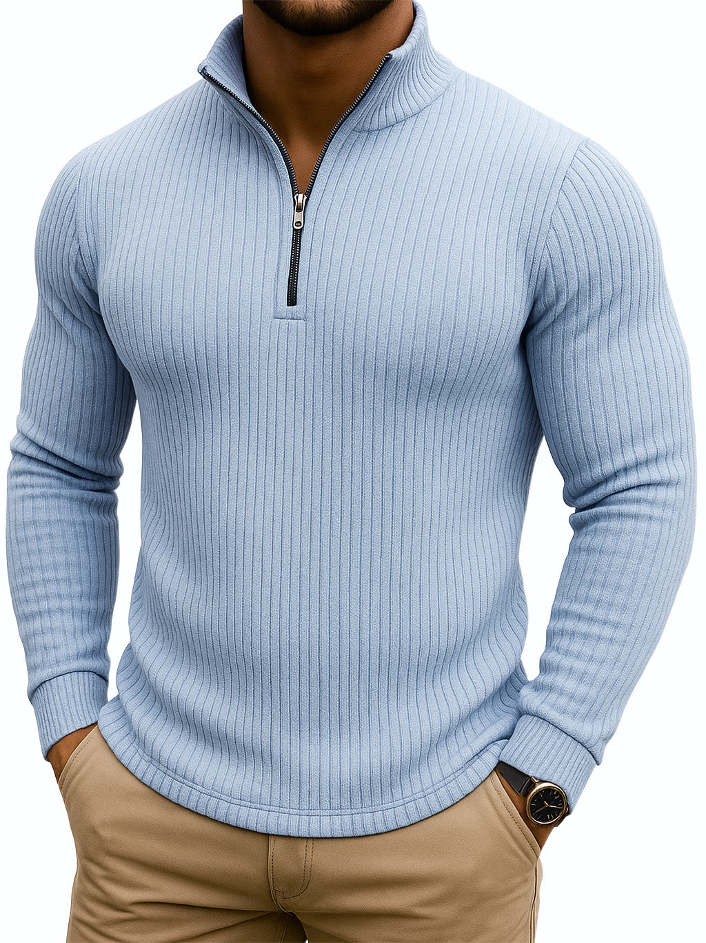 Men's Retro Casual Solid Color Striped Stand-up Collar Quarter-Zip Sweatshirt