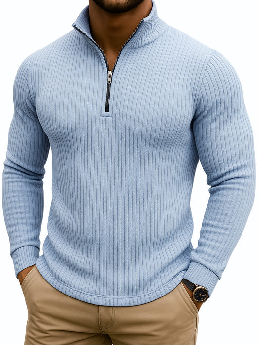 Men's Retro Casual Solid Color Striped Stand-up Collar Quarter-Zip Sweatshirt