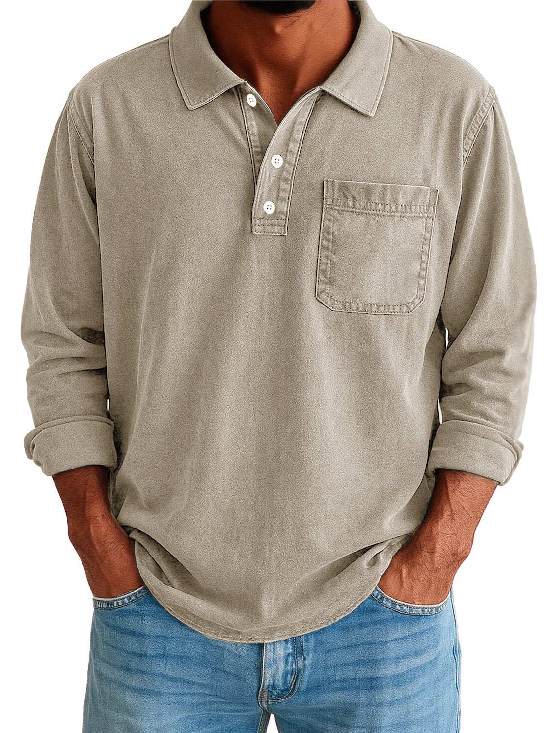 Men's Stylish Vintage Washed And Distressed Lapel Long-sleeved Polo Shirt With Pockets 