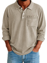 Men's Stylish Vintage Washed And Distressed Lapel Long-sleeved Polo Shirt With Pockets 
