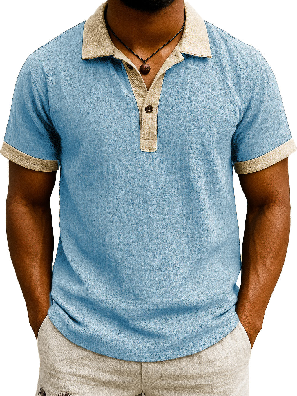  Men's Fashion Retro Hemp Fabric Patchwork Contrast Color Short-sleeved Polo Shirt 