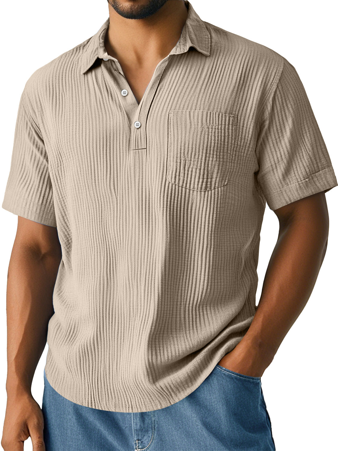 Men's Daily Pleated Texture Lapel Pocket Casual Short-sleeved Polo Shirt