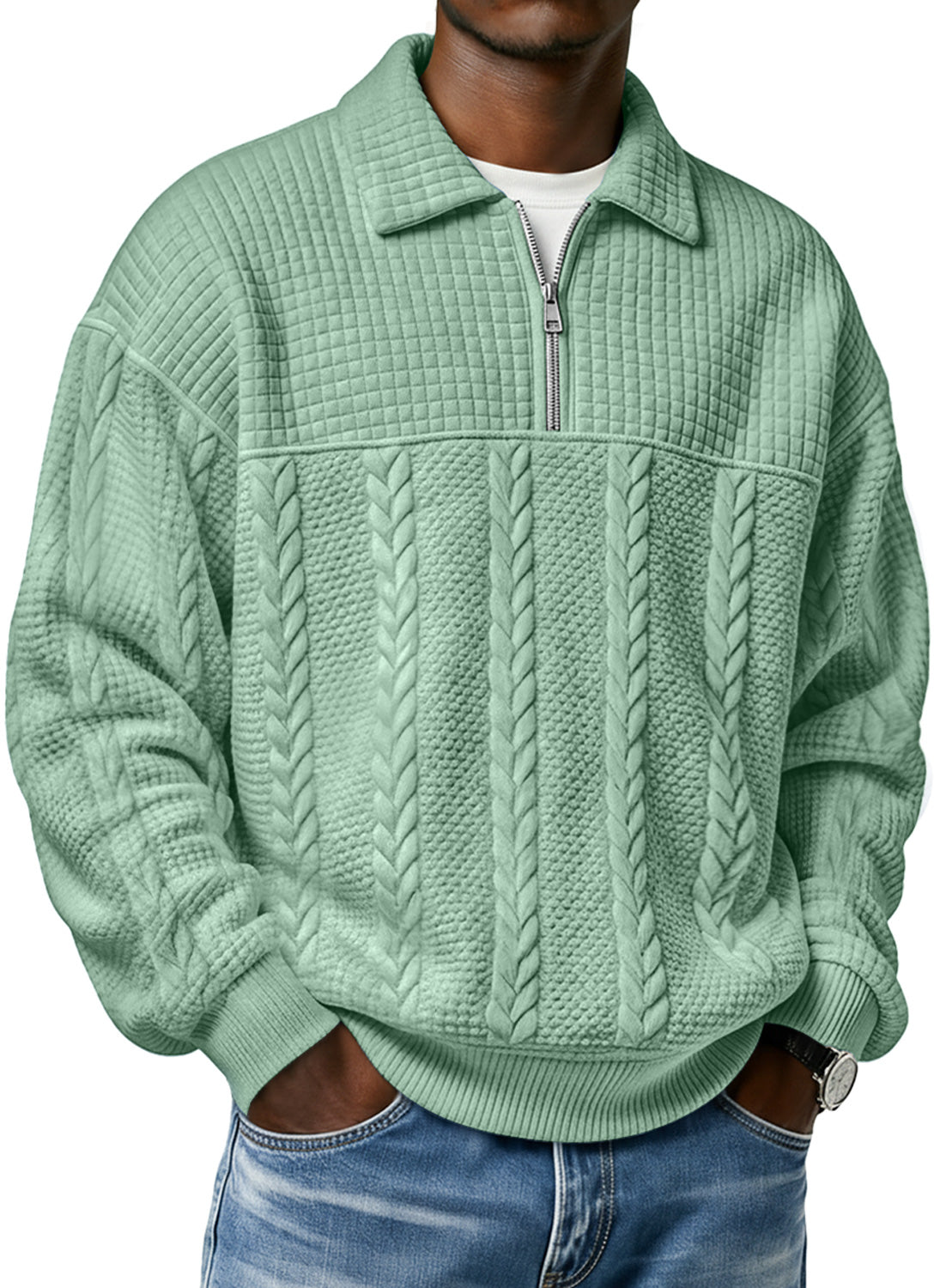 Men's Textured Lapel Zipper Casual Long Sleeve Polo Shirt