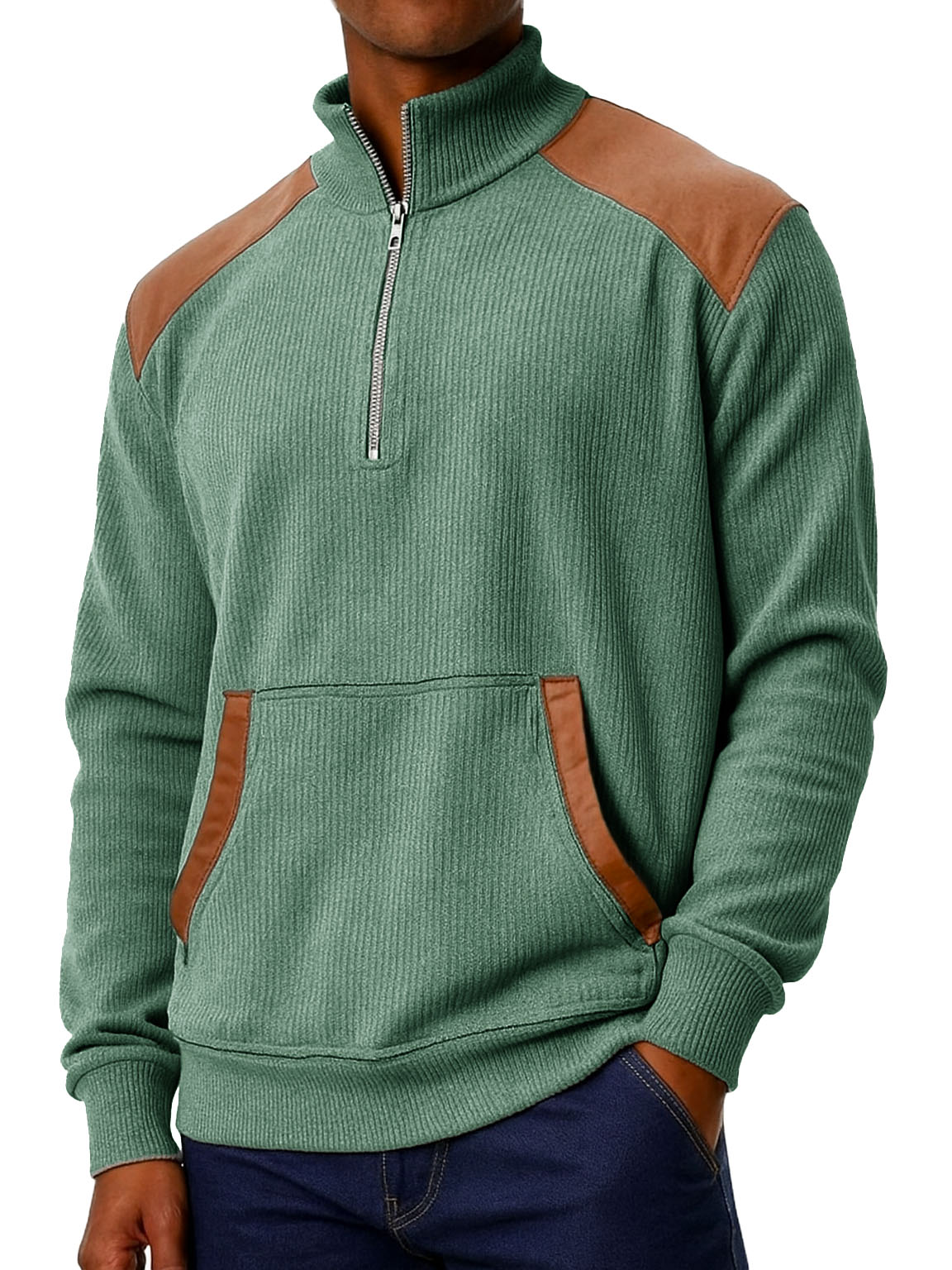 Men's Clothing Fashionable Casual Stitching Pit Strip Corduroy Fabric Pockets Stand Collar Zipper Sweatshirt 