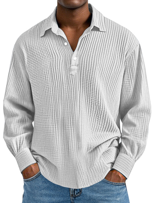 Men's Daily Simple Solid Color Pleated Long Sleeve Lapel Polo Shirt