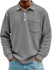 Men's Daily Ribbed Lapel Button-down Casual Pocket Long-sleeved Polo Shirt