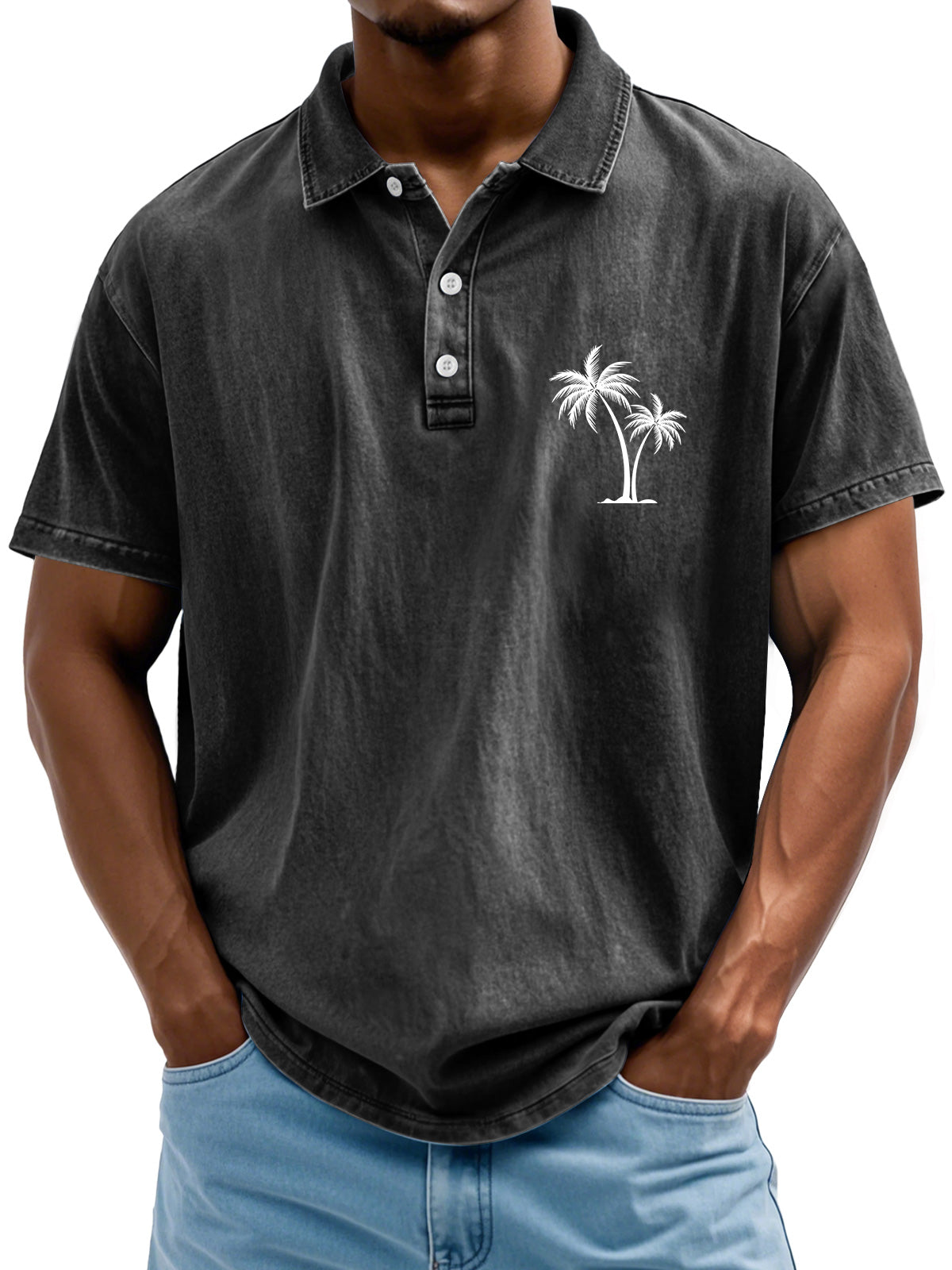 Men's Retro Lapel Coconut Tree Printed Casual Short Sleeve POLO Shirt