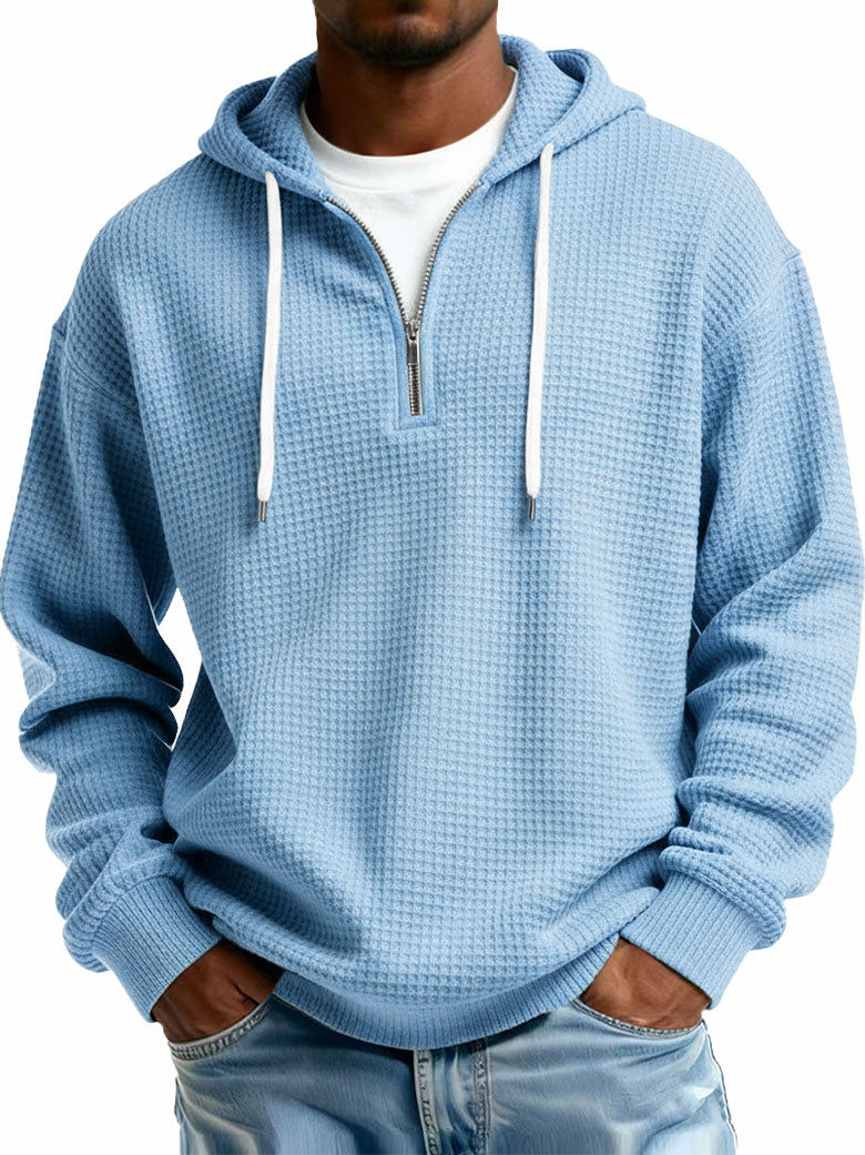 Men's Stylish Casual Waffle Fabric Half-zip Hooded Sweatshirt 