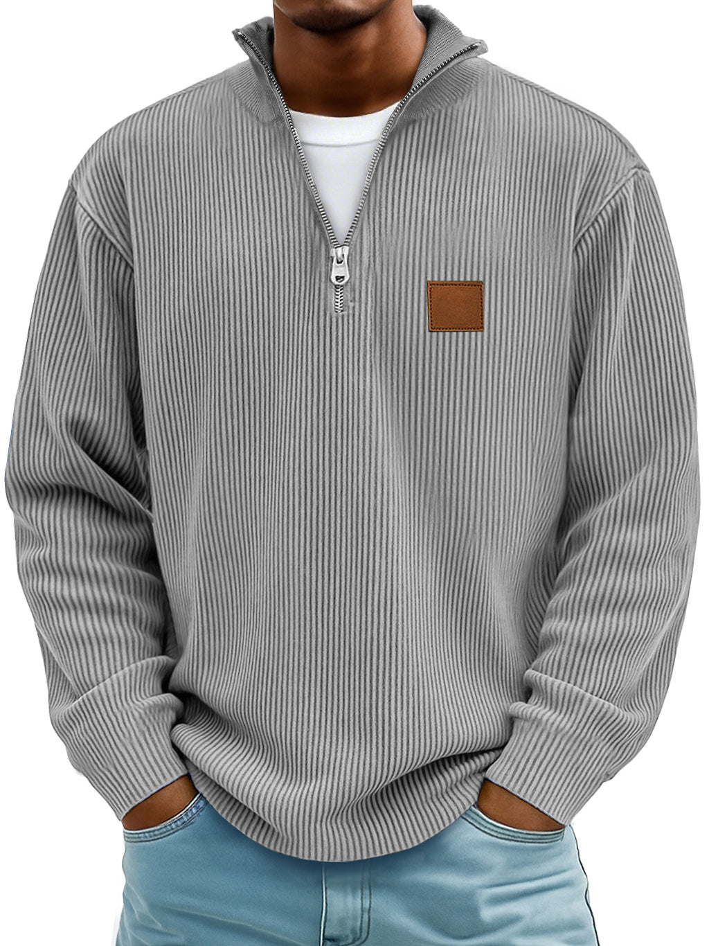 Men's Logo Embroidered Striped Stand Collar Zippered Casual Long Sleeve T-shirt