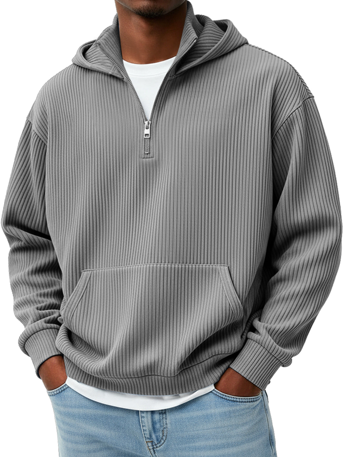 Men's Pit Stripe Stand Collar Zipper Casual Loose Hooded Sweatshir