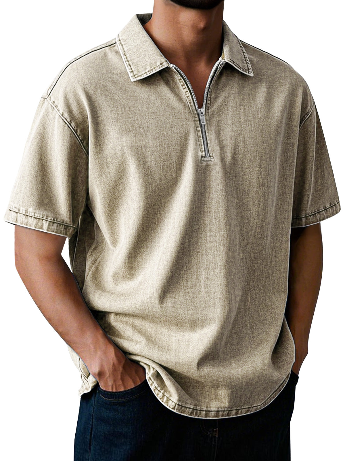 Men's Casual Retro Lapel Zipper Solid Color Short Sleeve POLO Shirt