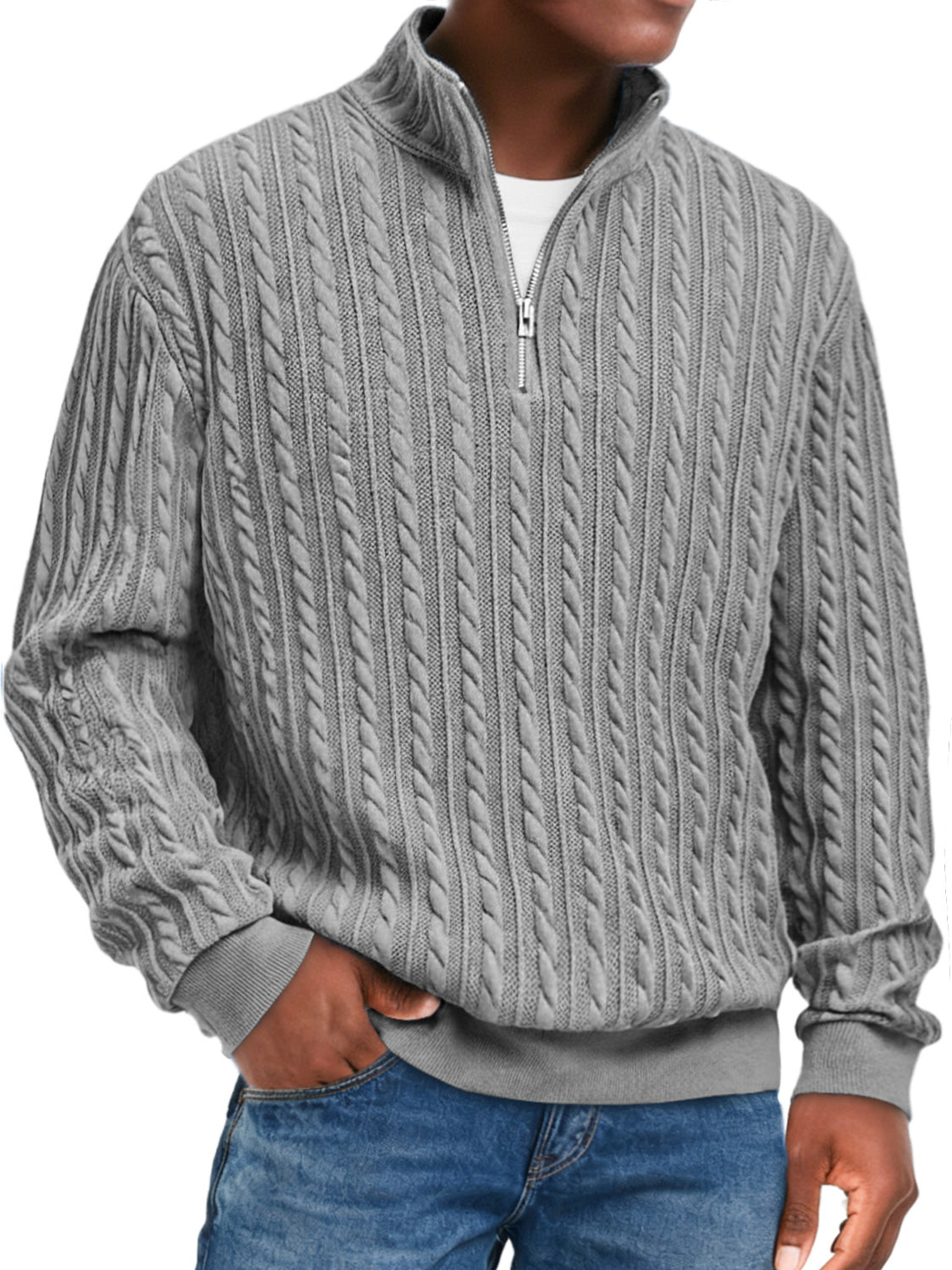 Men's Fashion Textured Stand Collar Zipper Casual Long Sleeve T-shirt