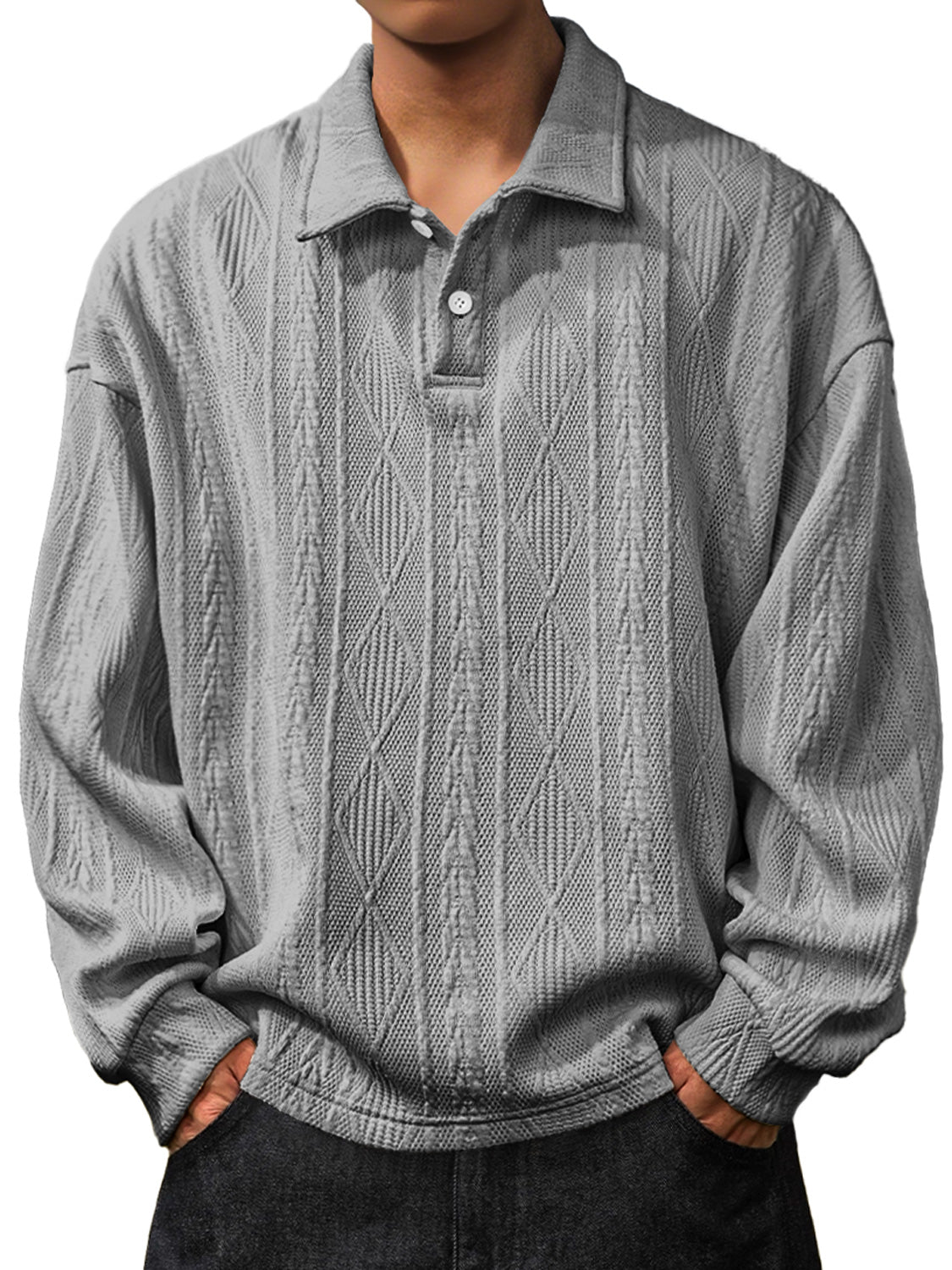 Men's Daily Jacquard Texture Lapel Button Long Sleeved Polo Shirt