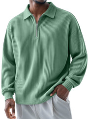 Men's Fashionable Ribbed Lapel Zipper Casual Long-sleeved Polo Shirt