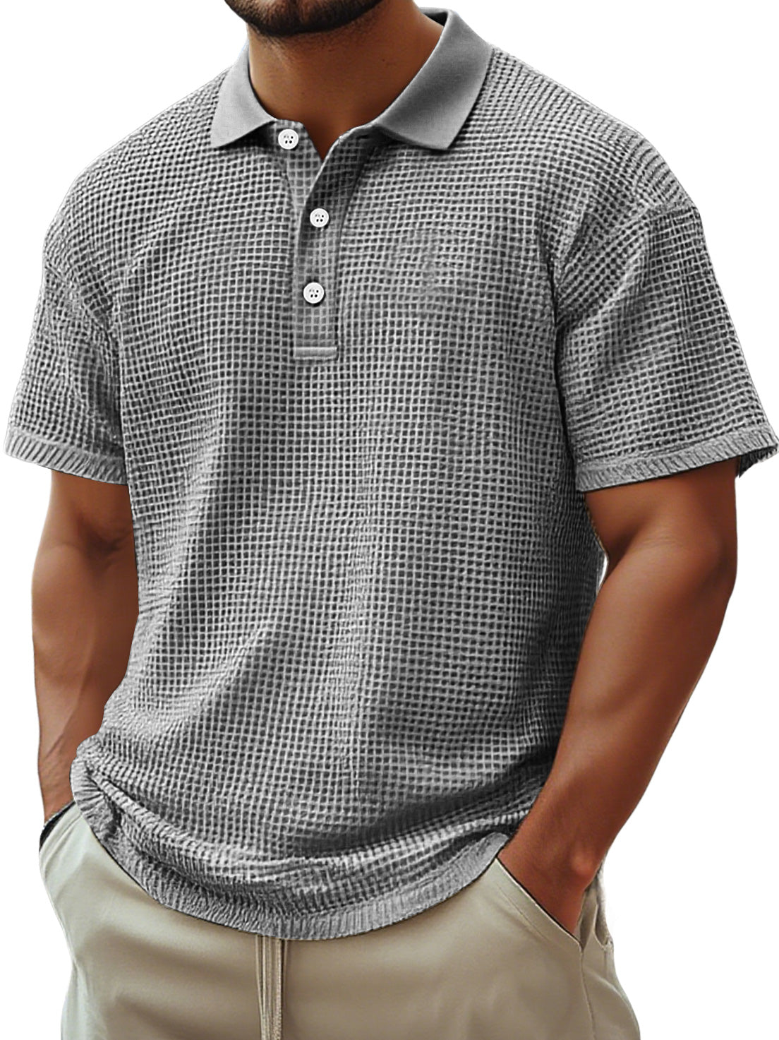 Men's Everyday Waffle Casual Lapel Button Down Comfortable Short-sleeved Polo Shirt